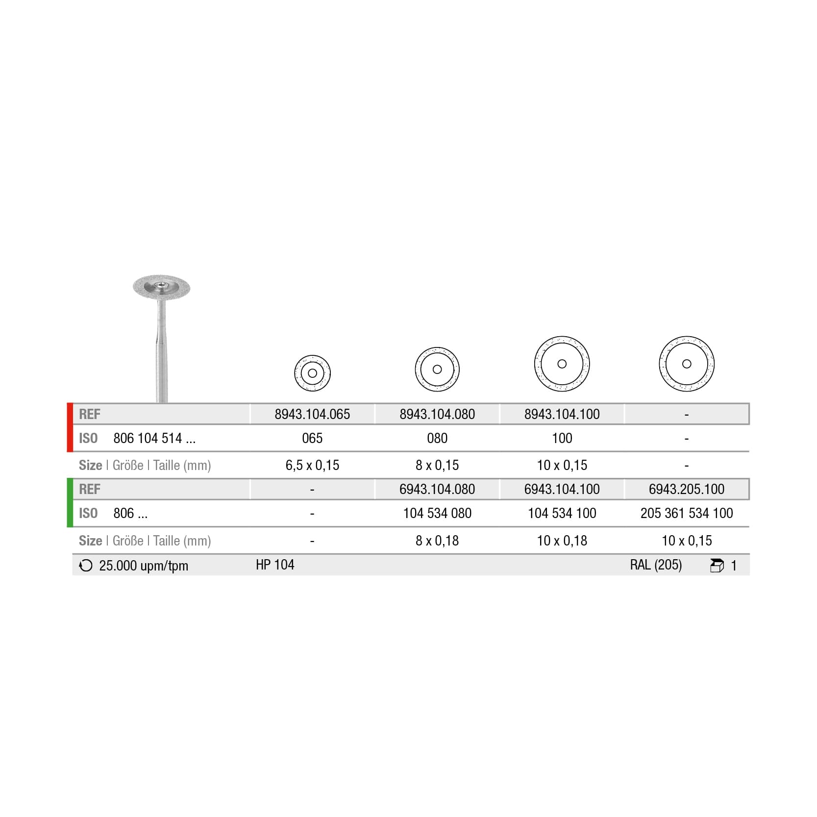 6943.205.080x001 Disque, très mince, coupant en périphérie, face supérieure